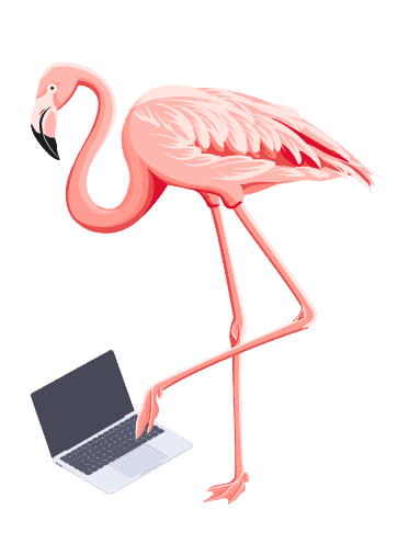 A flamingo typing something on laptop